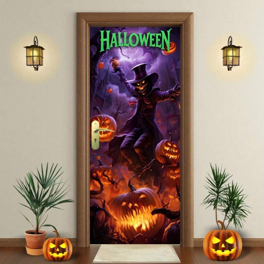 Capa De Porta Decorativa 0,85 X 2,10 Tema  Happy Halloween - Roxo - Visão 1