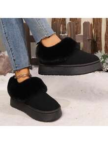2024 Autumn/Winter Fashion Snow Boots, Short Shaft Rubber Flock Suede Platform Fluffy