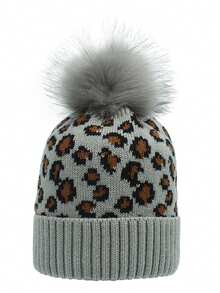 Custom Knitted Leopard Print Fuzzy Pom Pom Beanie Hat