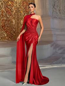 VIPGIRL Nuevo vestido de gala elegante y lujoso para mujer con cuello asimétrico rojo, fruncido en la cintura, parches de lentejuelas y diseño de hombros drapeados para fiestas de noche