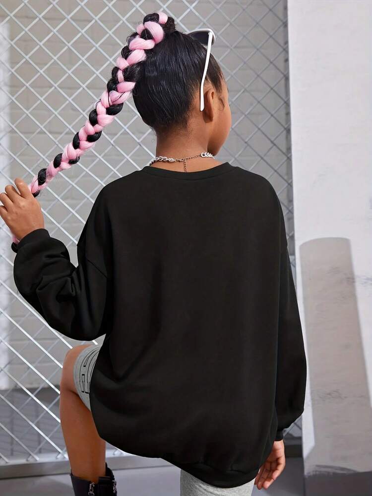 Bichette Print Fleece Lined Crew Neck Sweatshirt For Tween Girls, Casual For Autumn/Winter - Black - View 2