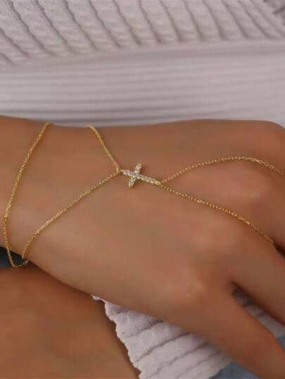 1 قطعة سلسلة معدنية مرصعة بالزركونيا على شكل صليب للإصبع واليد