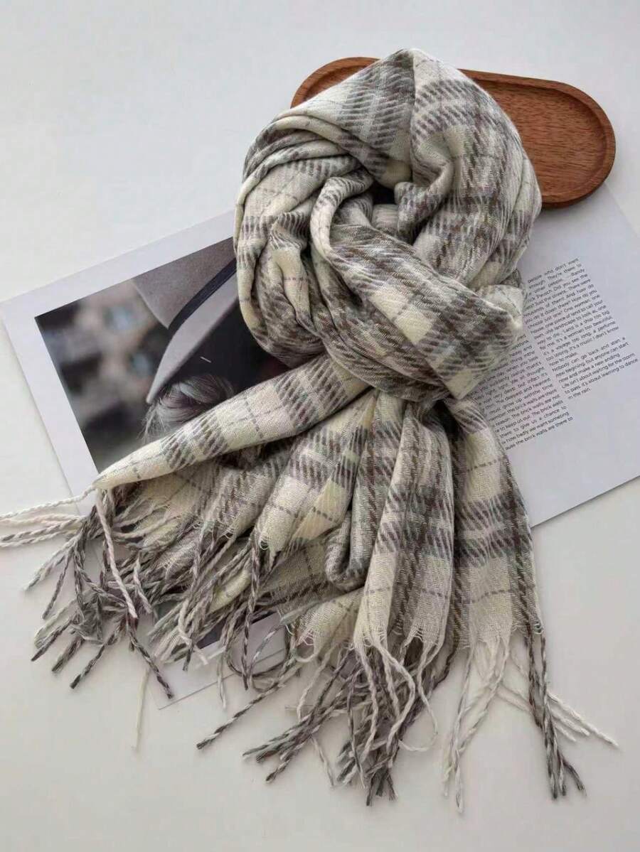 1pc Women's Fashion Korean Plaid Scarf, Autumn And Winter Warm Fashion Fringe Student Scarf, Thick Long Scarf For Male Couple Shawls,