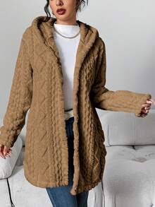 Women's Beige Fuzzy Hooded Cardigan, A Stylish & Ultra - Cozy Hot Outfit Featuring Soft Textured Fabric For Exceptional Warmth, Button - Front Design And Hooded Silhouette For Versatile Layering, Perfect For Creating Effortlessly Chic Casual Looks When Paired With Tees Or Turtlenecks In Women's Clothes | Tops For Women - 棕色 - 查看 4