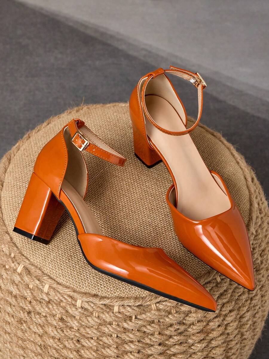 7cm Orange Chunky Heel Pointed Toe Women's High Heels, French Minimalist Style With Adjustable Metal Buckle & Hollow-Out Design, Comfortable For Commuting - Orange - View 1