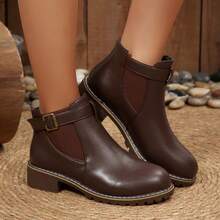 Solid Color Western Style Side Zipper Buckle Holiday Round Toe Thick Sole Retro Short Boots With Belt Buckle Decor, Women Casual Ankle Boots For Autumn/Winter