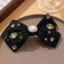 1pc Elegant Black Bowknot Design Hair Clip With Rhinestone Decor, Suitable For Daily Wear, Festivals, Dates, Gifts, Cute Accessories, Looks Of Party, Claw Clips