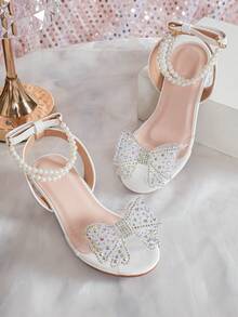 1双新款夏季时尚罗马珍珠装饰高跟凉鞋，女童学生舞蹈表演鞋，适合婚礼、派对、日常穿着，舒适低跟，儿童水晶公主高跟鞋 - 白色 - 查看 7