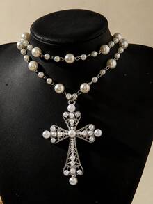 1pc Fashion Metal Punk Style Cross Necklace, Exaggerated Faux Pearl Multi-Layer Necklace For Women, Suitable For Daily, Party, Wedding, Gift (Handmade Chain Customized Length, Pearl Quantity Varies) - 28848-nek-s White - View 4