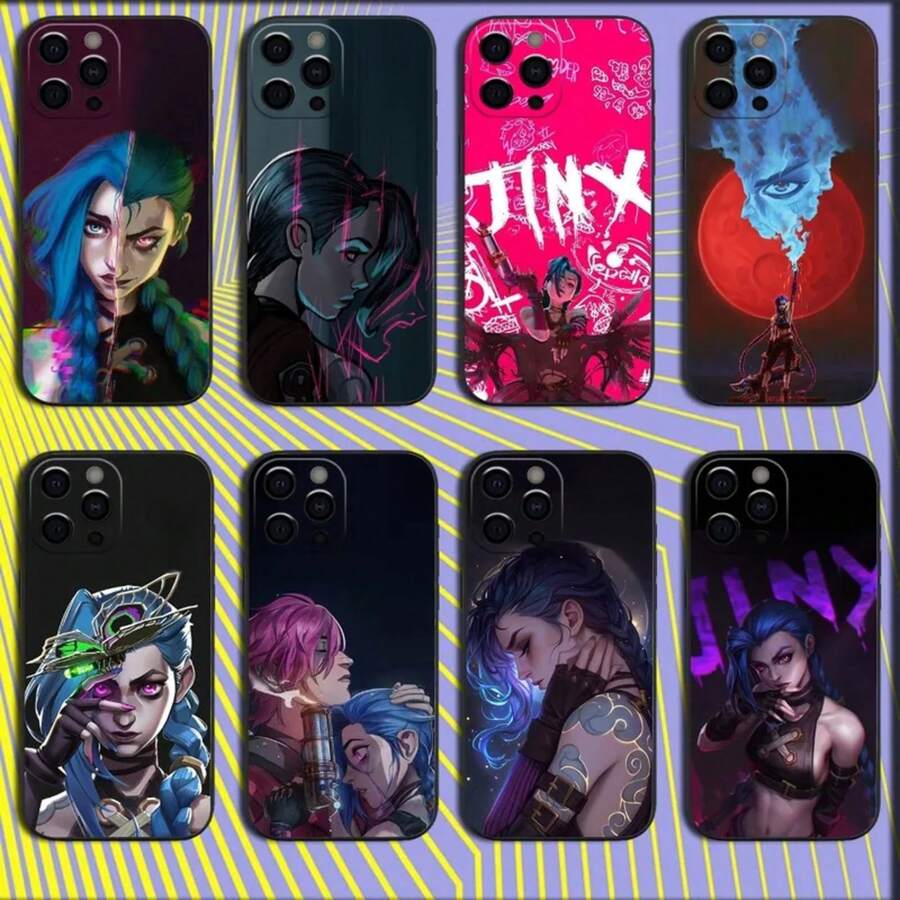 Custodia per telefono compatibile con Anime Arcane J-Jinx L-LOL, adatta per iPhone 16, 15, 14, 13, 12, 11, Pro, X, XS, Max, XR, Plus, Mini, in morbida cover nera - compatibile con 17, 17 Pro, 17 Pro Max