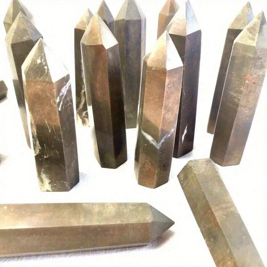 Natural Polished Pyrite Hexagonal Prism Ornament | Raw Stone Single-Point Crystal Column For Home Living Room Office Desktop Decoration