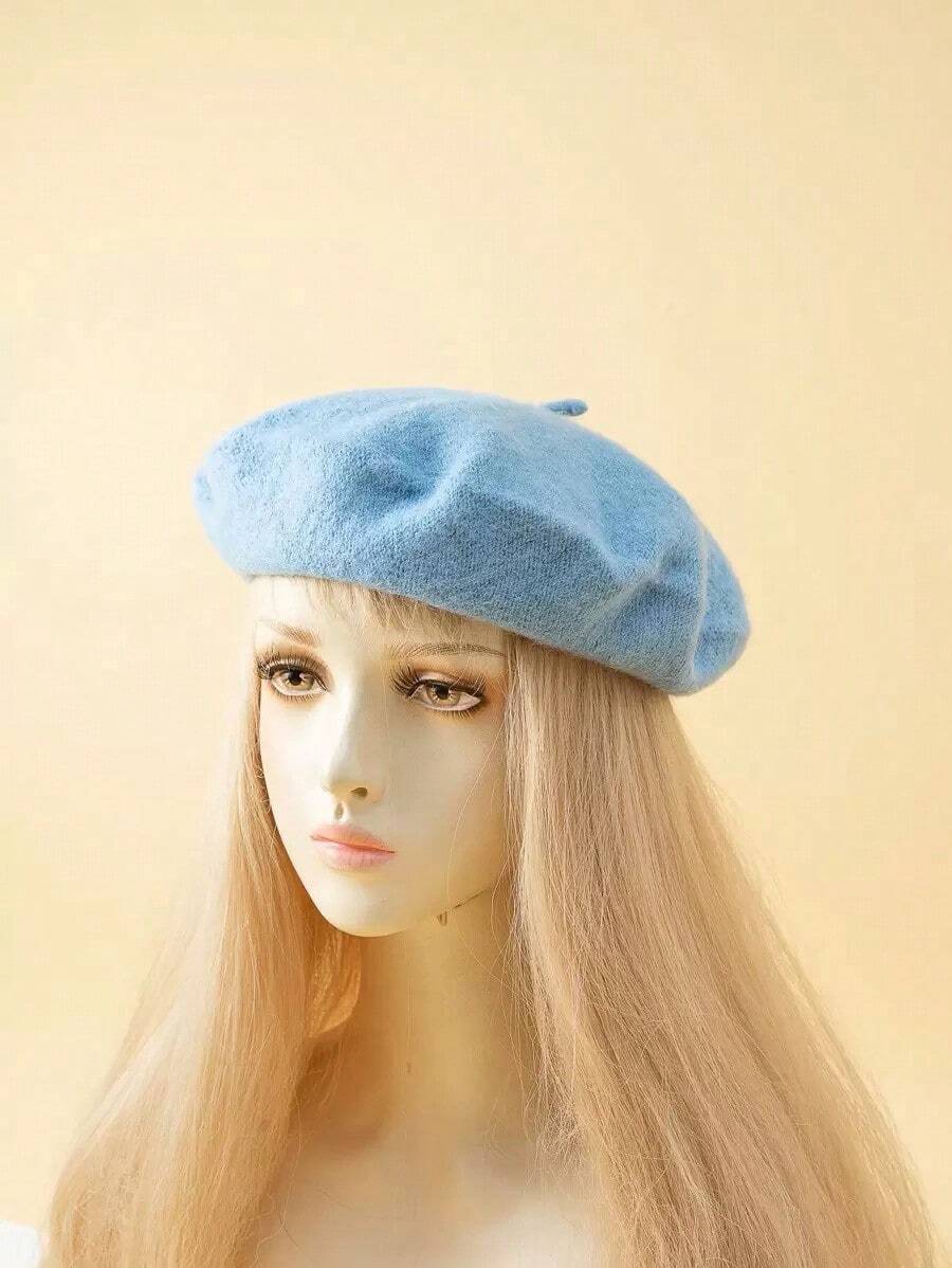 1pc Ladies' Solid Color Knit Elegant Beret With Smooth Surface, Japanese Style, Suitable For Daily Wear And Shopping Vintage Casual - màu đen - Xem 1