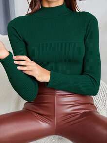 Blusa térmica dama mujer estilo moderno tejido color sólido ajustada cuello alto manga larga otoño invierno oficina versátil elegante casual cómodo suave calientito - Verde militar - Ver 6