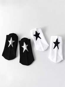 2 Pares de Meias Femininas Cano Médio com Padrão de Pentagrama Preto e Branco, Adequadas para Esportes e Uso Casual