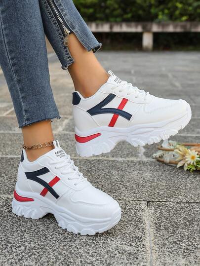 1 Pair Navy Blue, Red Striped, White Leather Women's Casual Sneakers, Platform Thick Sole Chunky Sneakers, Hidden Wedge Insole, Suitable For Daily, Vacation, Date Occasions, Glitter Minimalist Classic, Height 7.5cm (Size Runs Small By 1 Size)