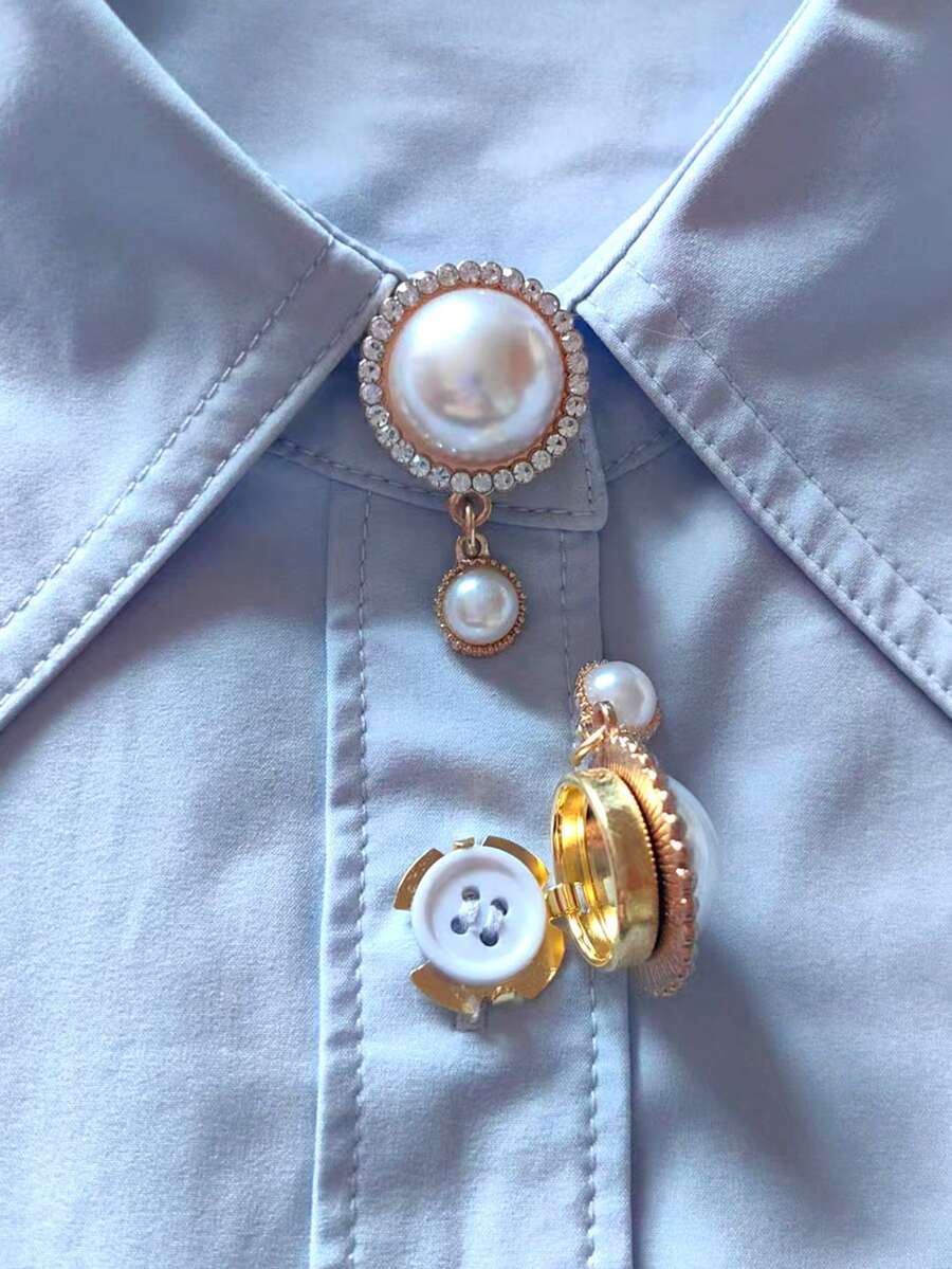 2 Pcs/Set Elegant Pearl Geometry Button Covers, Shirts Button Cover Clip On Button Covers Fashion Crystal Cufflinks Cover, Suitable For Tuxedo And Wedding Dresses Decoration - Gold - View 1