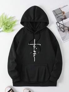 Plus Size Women "Faith" Cross Graphic Sweatshirt, Loose Casual Autumn/Winter Fashion - Black - View 7