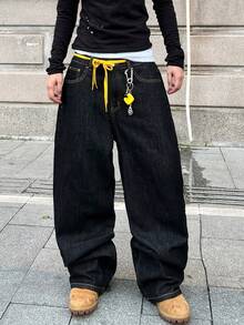 1 szt. Jeansy Justice Brother z haftem, luźne, uniwersalne, z szerokimi nogawkami, wygodne, całoroczne, streetwearowe (pasek i dodatki nie są dołączone)