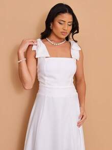 Helena Long Dress Luxury Plain Dune Linen With Bow On Shoulder - 白色 - 查看 5