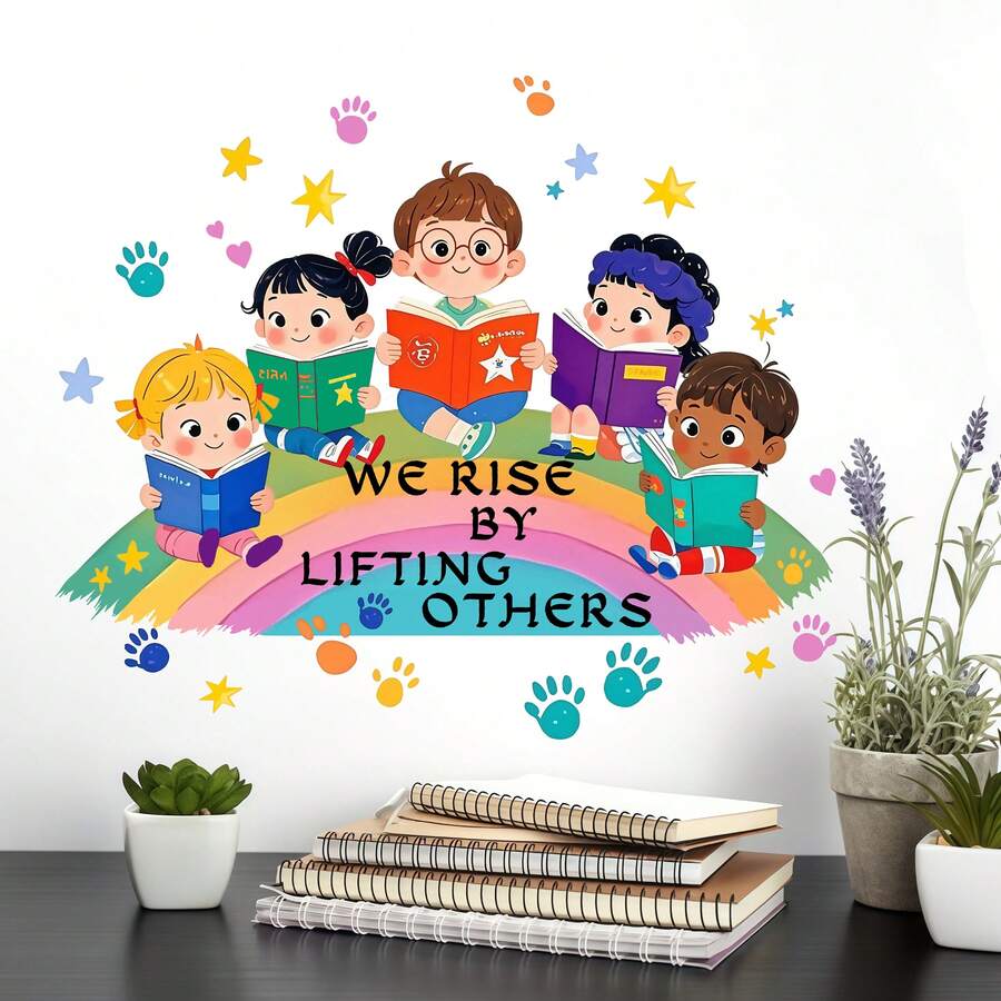 1pc Rainbow Children Reading Together Wall Sticker "We Rise By Lifting Others" Baby Room Bedroom Kindergarten Decor Self-Adhesive Wall Paper - Multicolor - View 1
