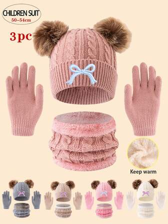 3 件套儿童针织帽/围巾/手套套装，7 种颜色可选，厚实温暖的冬装，简约可爱时尚，适合 3-12 岁儿童户外徒步/滑雪和日常冬季穿着