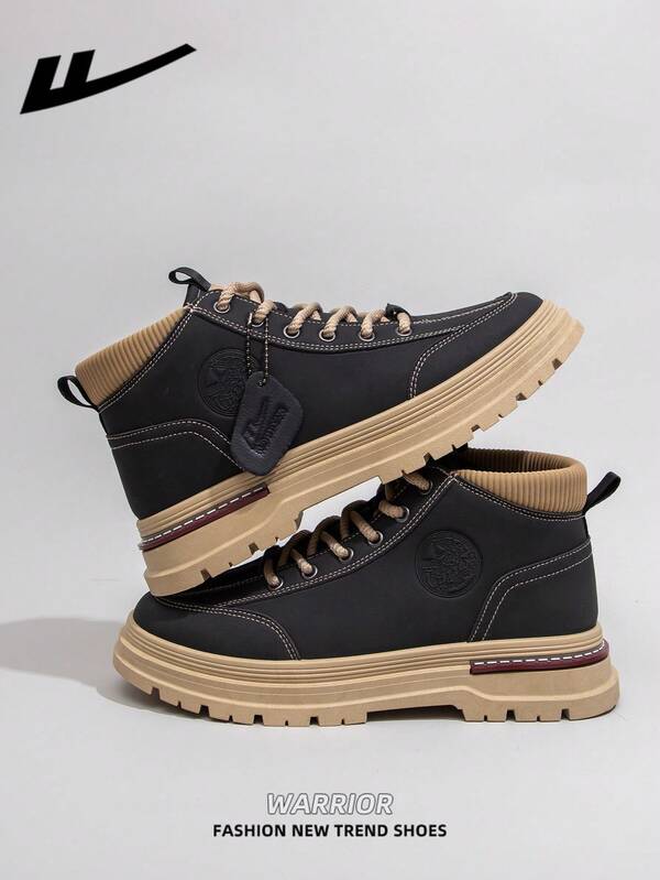 WARRIOR 1 Pair WARRIOR Men's Thick Sole Lace-Up Soft Bottom Casual Shoes, Low-Top Outdoor Flat Shoes, Round Toe Low Heel Non- Solid Color Elegant Soft Bottom Hiking Shoes Suitable For Students Graduation Photos, Men Low-Top Leather Sneakers