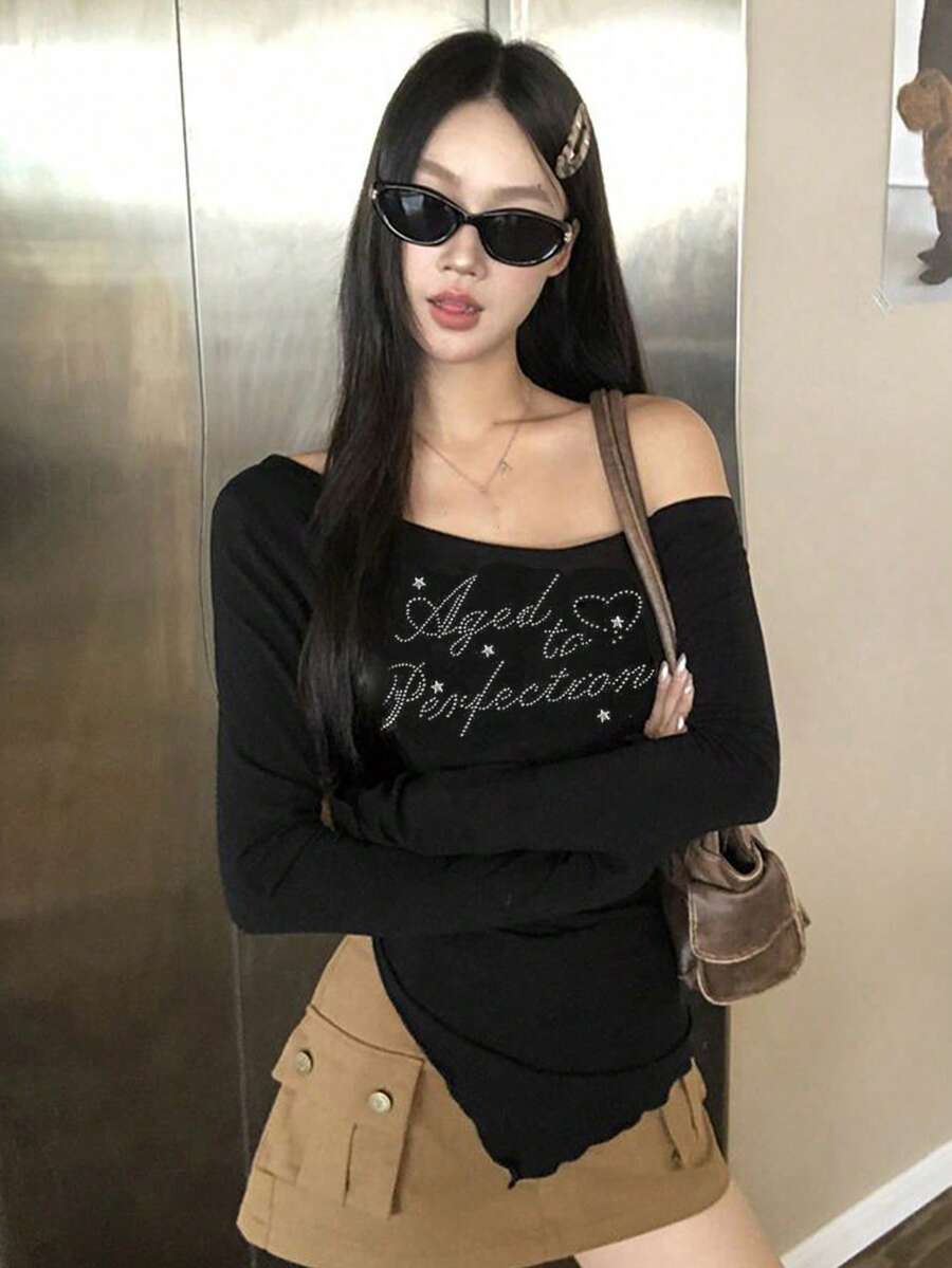 女士新款长袖T恤，修身性感露肩上衣，适合初秋穿着 - 黑色 - 查看 1