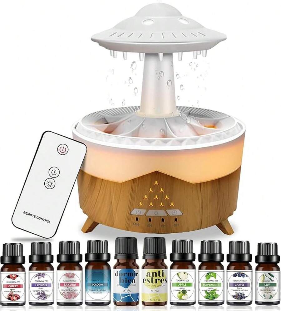 Essential Oil Diffuser: 550ml Water Drip Rain Humidifier Air Humidifier, Aroma Diffuser - Colors With Remote Control Timer, For Home And Office (White) - Wood Color - View 1