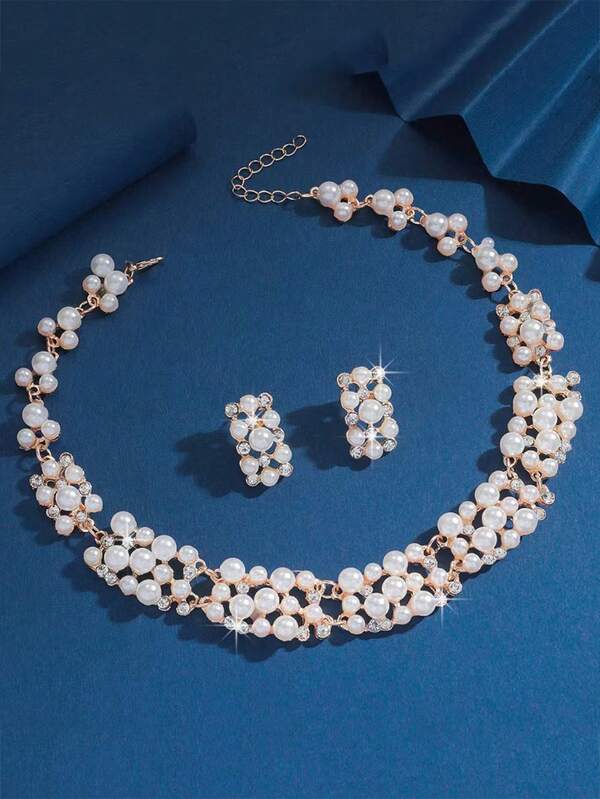 3pcs Luxury Rhinestone & Faux Pearl Necklace Earrings Set, Bridal Jewelry Accessories