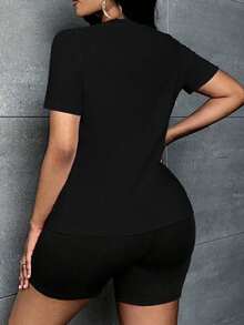 Conjunto set paquete pack 2 piezas dama mujer playera camiseta blusa gráfica manga corta cuello redondo shorts leggings biker cortos básico casual estampado ciudades new york NY nueva york - Negro - Ver 2