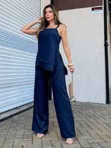 EMILI LLANAMODA Asymmetrical Set Of Elegant Women's Top And Pants - 藏蓝色 - 查看 2