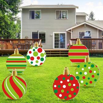 6pcs Large Christmas Ball Yard Signs With Stakes, 15 Inch Double-Sided Christmas Ball Hanging Ornaments For Outdoor Lawn, Garden, Home Decor