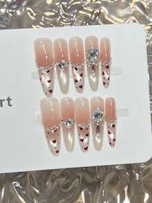 10 件手工指甲椭圆形指甲丙烯酸按压指甲长，柔和的裸粉色指甲，闪亮的猫眼法式尖头指甲，手绘心形豹纹，指甲宝石大钻石镶嵌，极简主义前卫优雅简约秋季指甲，秋季按压指甲，派对日常和约会使用海滩热带度假适用，DIY 假指甲适合女性和女孩作为礼物指甲用品 - 彩色 - 查看 2