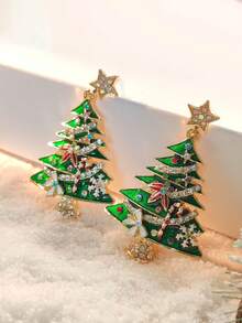 1 Pair Christmas Decoration New Green Christmas Tree Colorful Christmas Earrings (Random Color Order Of Colored Zirconia Stones On Earrings)