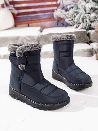 Women's Outdoor Snow Boots, Thermal Lined, Thick, Mid-Calf, Round Toe, Flat Heel, Plus Size 36-45, Waterproof, Anti-Slip, High-Top, Cold-Resistant, Middle-Aged Boots, Black