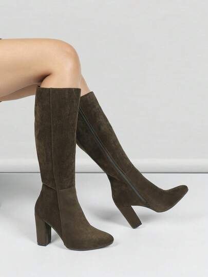 Women's Fashion Military Green Side Zipper Chunky Heel Over-The-Knee Boots, Retro European And American Style, Durable And Stylish For Autumn/Winter, Pointed Toe Boots With High Comfort, Fashionable Women's Shoes For Autumn/Winter, Stylish Boot For Various Occasions