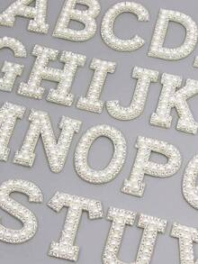 26 English Letters Pearl Rhinestone Patches For Clothes A-Z Alphabet Pearl Rhinestones Applique Sew On/Glue On Patches DIY Name - White - View 1