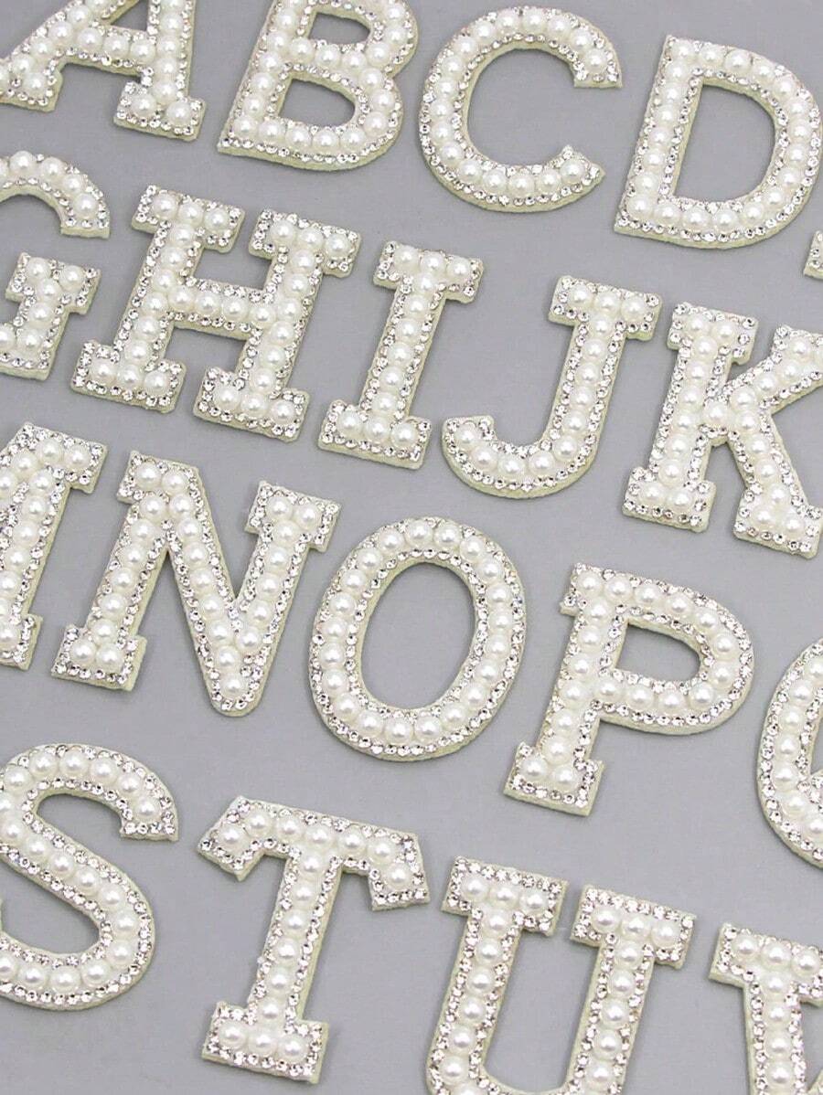 26 English Letters Pearl Rhinestone Patches For Clothes A-Z Alphabet Pearl Rhinestones Applique Sew On/Glue On Patches DIY Name - White - View 1