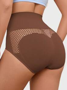 1 件女士无缝高腰罗纹塑身内裤，透气心形性感网眼镂空设计丁字裤 - 棕色 - 查看 4