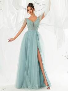 VIPGIRL Women's Elegant Ethereal Sequin Contrast Mesh High Slit Maxi Evening Gown - Blue - View 3