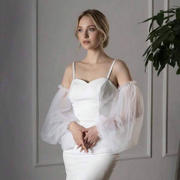 قفازات من التول الشفاف ذات الأكمام المنتفخة للعروس، تصميم بسيط لفستان السهرة، إكسسوار فستان الزفاف