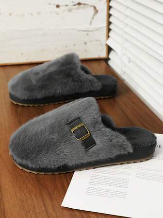 Grey Fuzzy Buckle Slippers - Plush Comfy Non-Slip Home & Outdoor Fashion Slippers For Men/Women