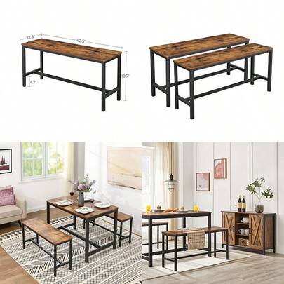 Dining Bench Pair Of 2 Industrial Style Steel Frame For Kitchen Living Room 12.8 X 42.5 X 19.7 Inches Rustic Brown + Black UKTB33X