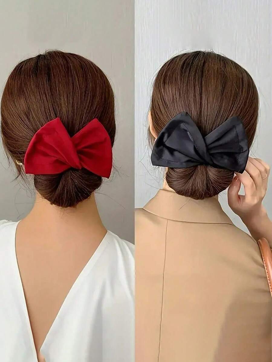 Haarband mit Schleifendesign – Französischer Lockenstab & rotierendes Haarstyling-Tool, 2 Farben (Rot/Schwarz) mit Blumenmuster, Haaraccessoire aus Polyester für Damen, einfaches Hochsteckfrisuren für Partys & Freizeitoutfits