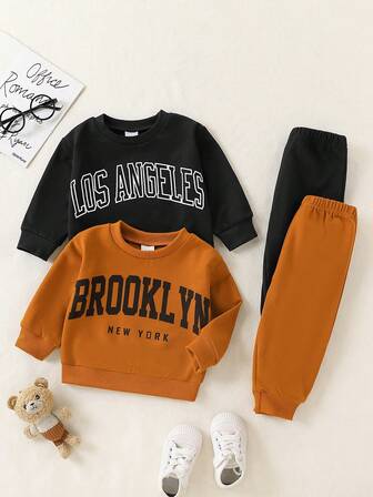 4件套男婴休闲字母印花长袖罗纹圆领运动衫和运动裤套装