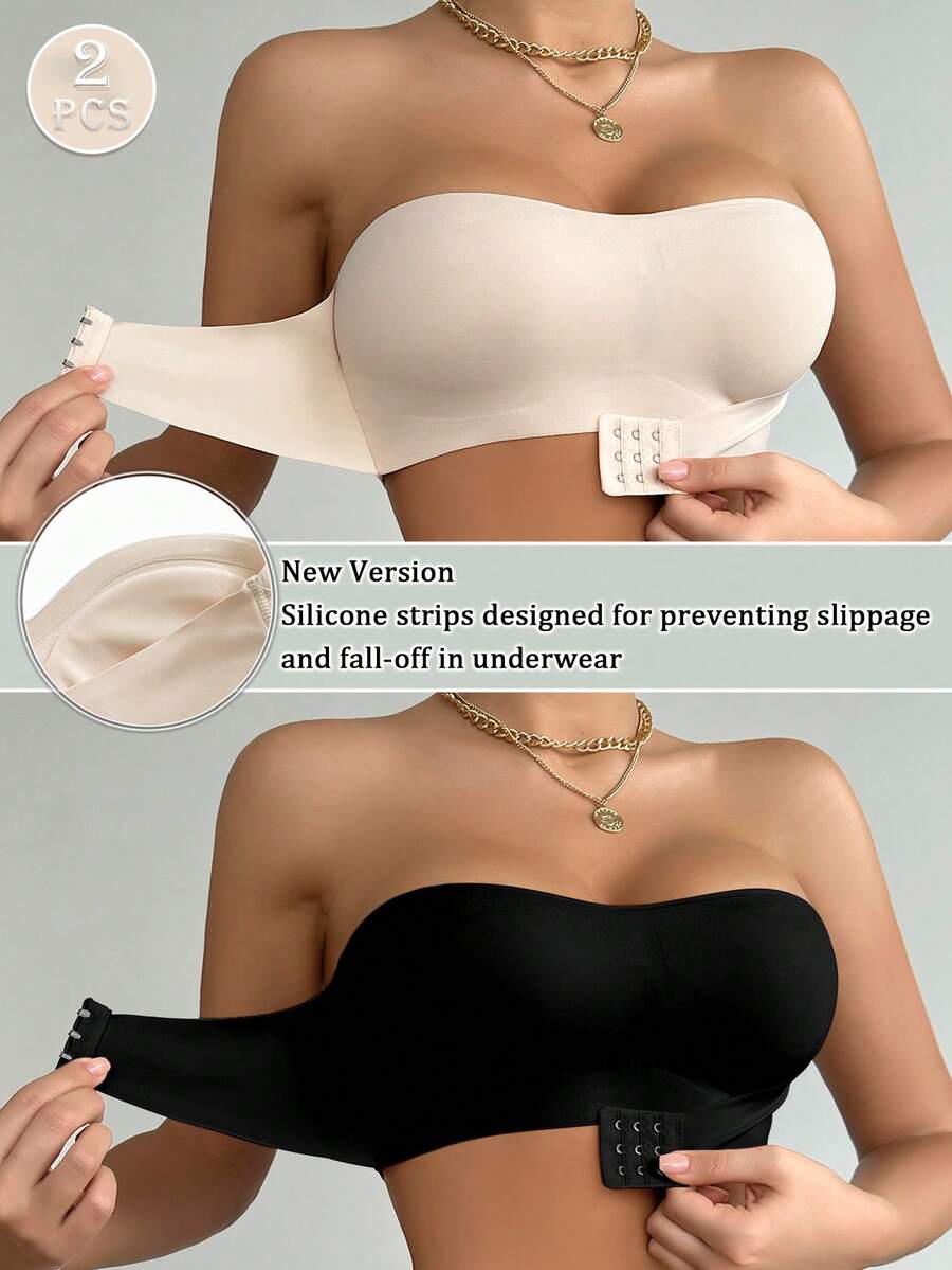 2pcs/Set Front Closure Solid Color Strapless Padded Comfortable Bra Wireless, Black + Beige For Women