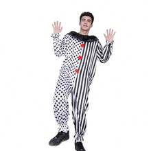 Disfraz de payaso mono negro y blanco para Halloween, elementos de puntos y rayas para juego de roles de terror