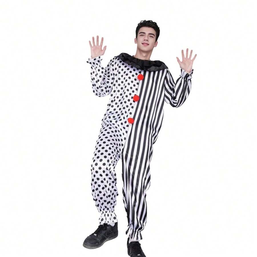 Disfraz de payaso mono negro y blanco para Halloween, elementos de puntos y rayas para juego de roles de terror