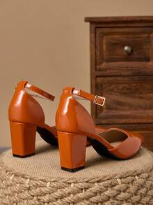 7cm Orange Chunky Heel Pointed Toe Women's High Heels, French Minimalist Style With Adjustable Metal Buckle & Hollow-Out Design, Comfortable For Commuting - Orange - View 6