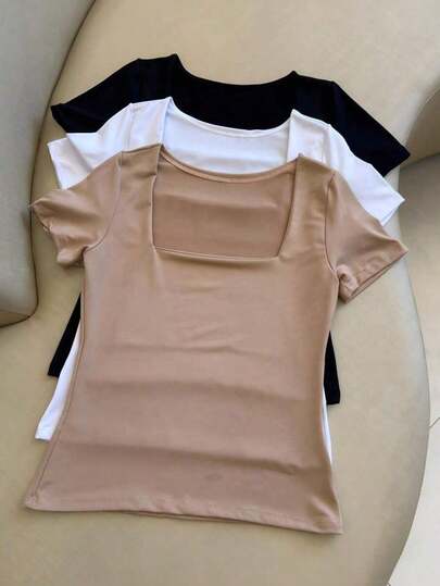 Kit 3 Blusas Basica Suplex Decote Quadrado Manga Curta Forrada 2025